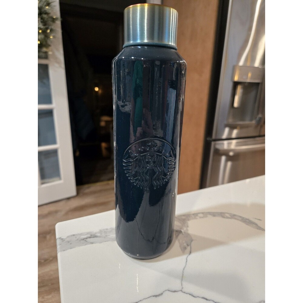 Starbucks 100% Recycled Glass Cold Brew Water Bottle Navy Iridescent Metal Lid